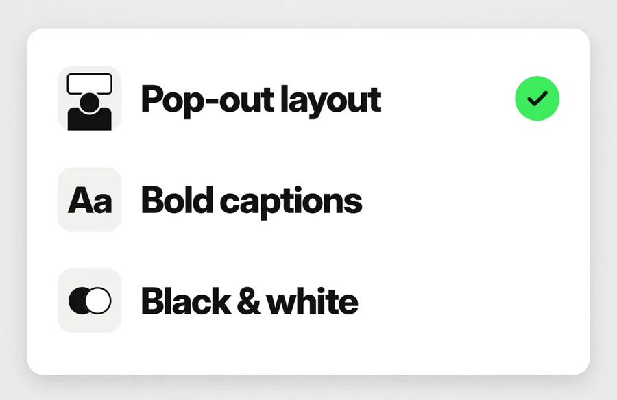 A style card with Pop-out layout ticked, Bold captions and Black and white