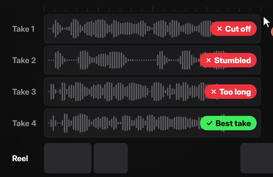 Four takes of the same line, marked Cut off, Stumbled, Too long and Best take