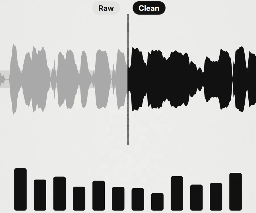 A sound wave labelled Raw on the left and Clean on the right