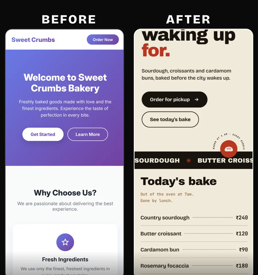 The same bakery website twice: a generic purple AI page on the left, a designed page on the right