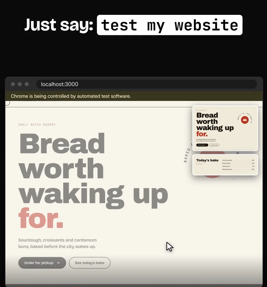 Claude testing a bakery website in a browser after the prompt "test my website"