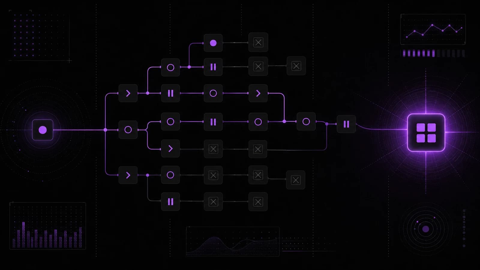AI lead qualification branching: incoming enquiries are scored across a series of decision points, unqualified paths drop out, and qualified leads route through to a booked call.