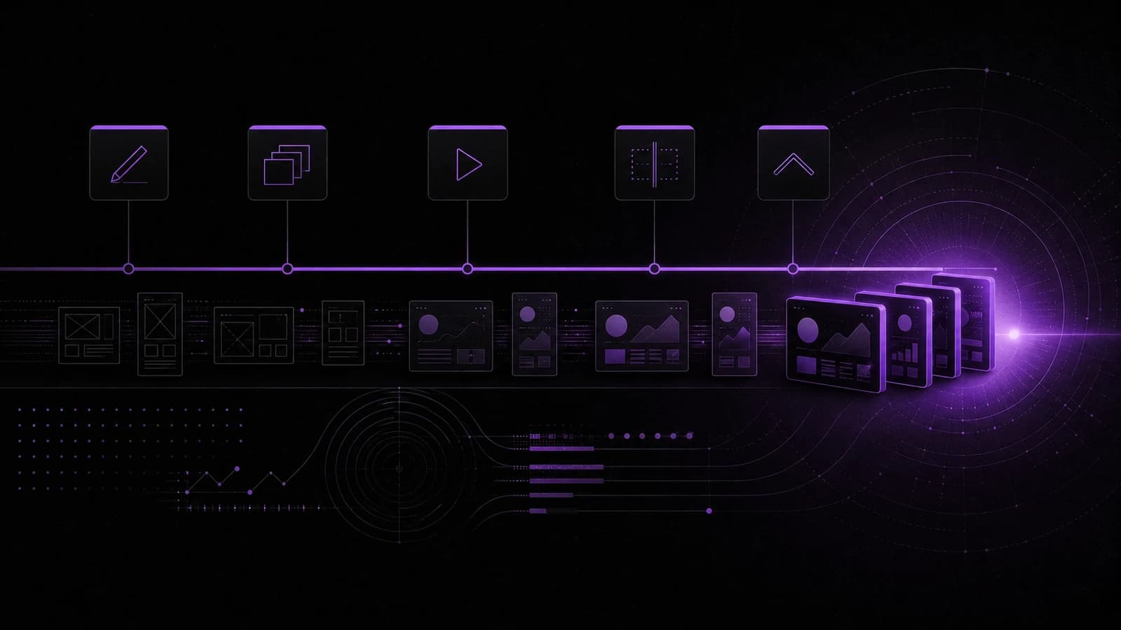 Creative production line carrying concepts left to right through design, editing, split-testing and launch, with bare wireframes at one end and finished ad variants at the other.