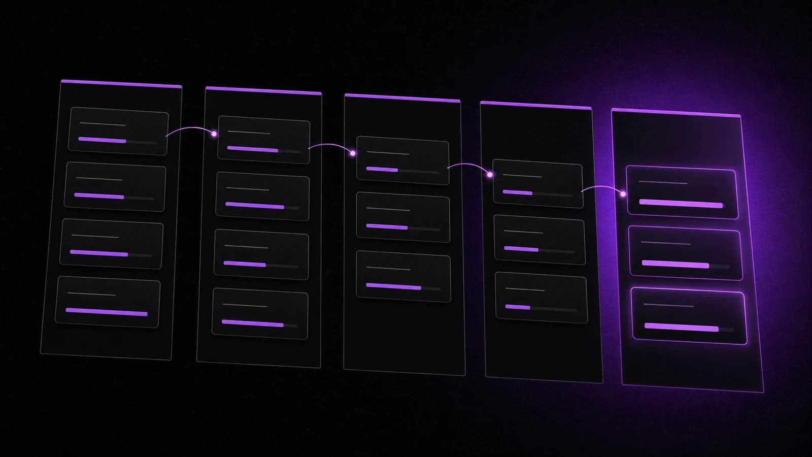 Sales pipeline board with deals moving through five stages, each deal card showing how far it has progressed toward close.