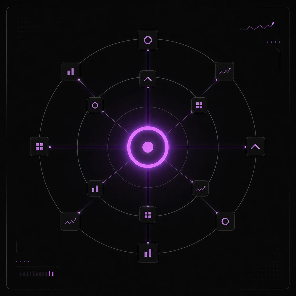 The Growth Engine acquisition system shown as one instrumented dashboard, with campaign, creative, CRM and reporting nodes orbiting a single core.