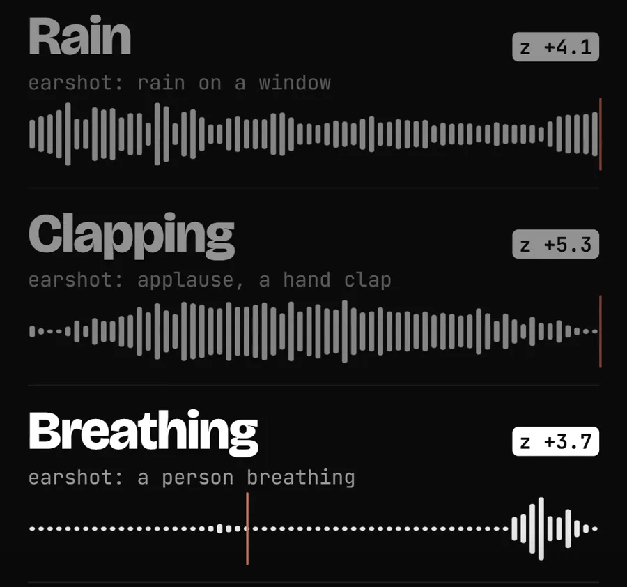 Earshot naming three sound clips: rain on a window, applause and a person breathing